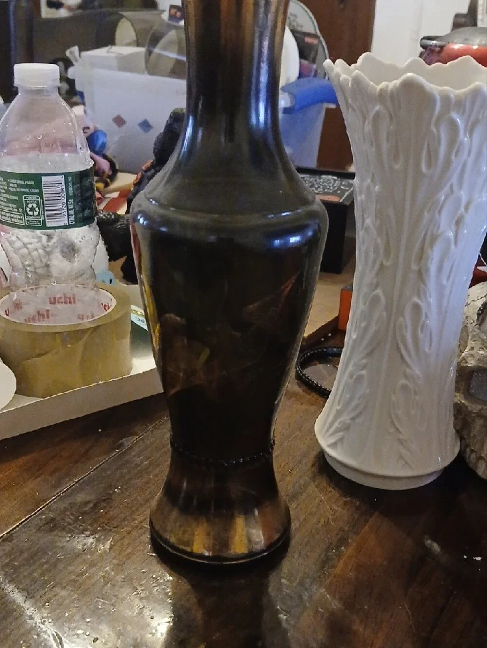 Vintage 1960s MCM Wheatonware Smoke Green Glass Gold Spirograph Line Art Vase